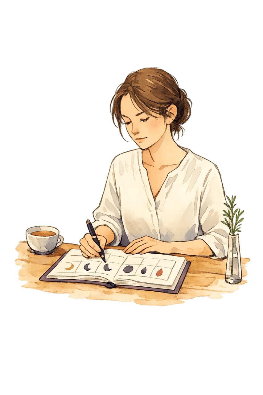 Editorial illustration of a woman planning her week with cycle phase markers in a hardcover journal
